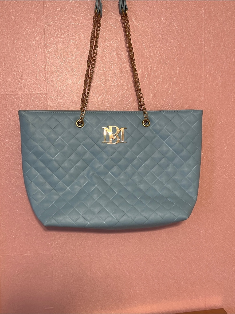 Badgley Mischka Light Blue Tote Bag with Gold Chain Straps